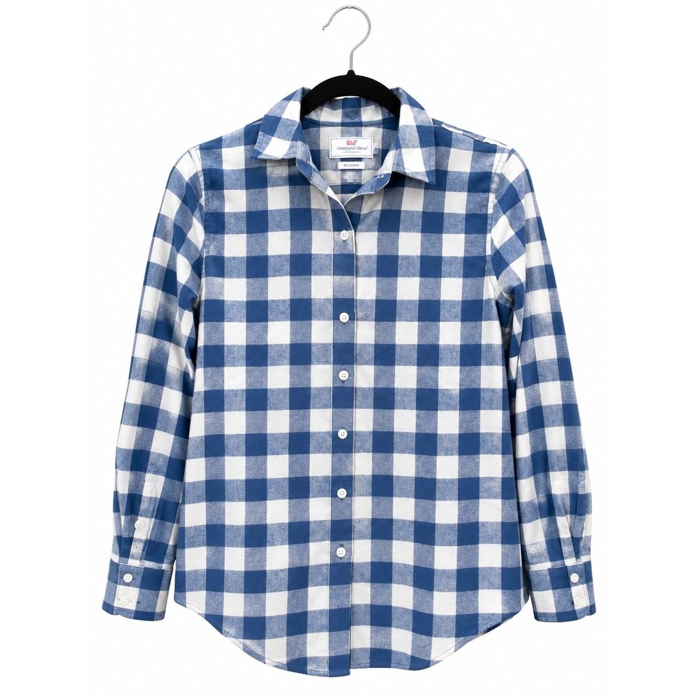 Vineyard Vines Performance Relaxed Shirt Womens 4 Blue White Buffalo Check Plaid - Picture 1 of 5